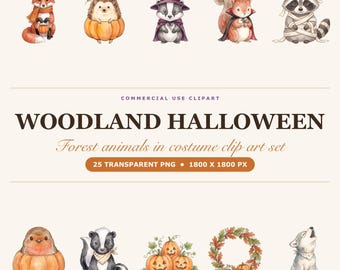 Clipart z akwarelą: Halloween w lesie, kostiumy zwierząt leśnych, grafika PNG (natychmiastowe pobranie)