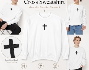 Embroidered Cross Sweatshirt, Minimalist Christian Crewneck, White Faith Pullover