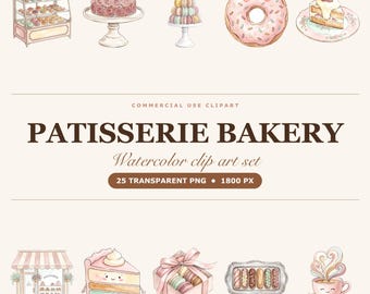 Kawaii Bakery Akwarelowy Clipart, Ciasta, Makaroniki, Rogaliki (Użycie Komercyjne)
