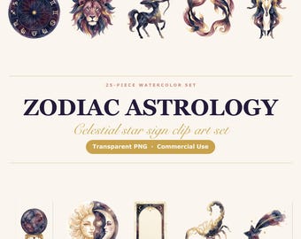 Akwarelowy kliparty z astrologii zodiaku, znaki zodiaku niebieskiego, Księżyc, Słońce (pobranie cyfrowe)