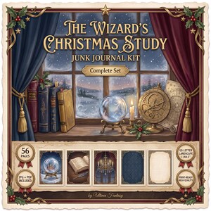 May include: A digital junk journal kit titled The Wizard's Christmas Study, featuring a window view of a snowy landscape, books, a crystal ball, and an astrolabe. The kit includes 56 pages in US letter landscape 11x8.5 inch format, with JPG and PDF files.