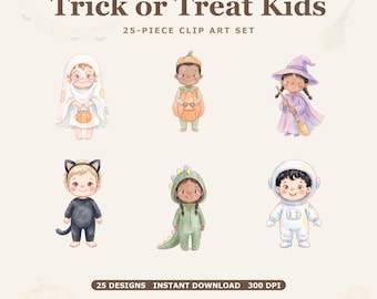 Clipart dla dzieci na Halloween, kostiumy akwarelowe, przezroczyste PNG (natychmiastowe pobranie)