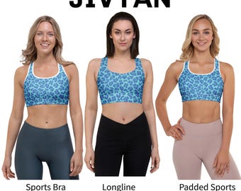 Aqua Blue Leopard Pattern AOP Sports Bras, All Over Print Longline Sports Bra, Padded Bra and Sports Bra