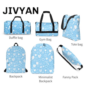 Sky Blue Heart Pattern AOP Bags, All Over Print Duffle Bag, Gym Bag, Backpack, Drawstring bag, Tote Bag, Fanny pack and Utility Bag