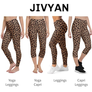 May include: JIVYAN leopard print leggings and capri leggings. The image displays four variations of high-waisted athletic pants featuring a brown, tan, and black animal print pattern. The text JIVYAN appears at the top, with labels Yoga Leggings, Yoga Capri, Leggings, and Capri Leggings below each respective pair.