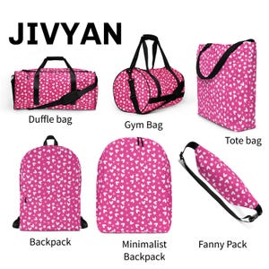 May include: Collection of pink bags with a white star and cross pattern. The bags include a duffle bag, gym bag, tote bag, backpack, minimalist backpack, and fanny pack. The word "JIVYAN" is printed in black at the top.