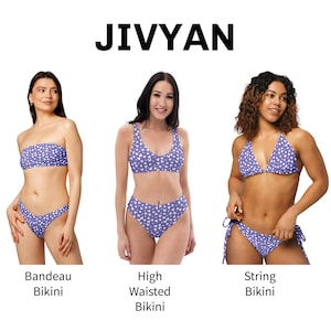 May include: Three women showcasing blue and white heart-patterned bikinis. Styles include bandeau, high-waisted, and string bikinis. The brand name "JIVYAN" is displayed in large, black letters at the top of the image.