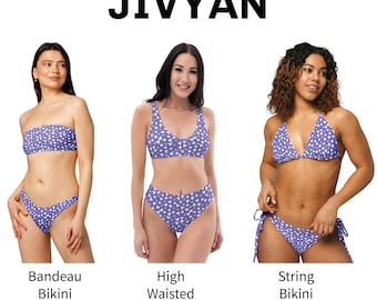 Celestial Heart Star Bikini Set - String, Bandeau, and High Waist Swimwear - Purple & White Heart Star Print Two Piece Swimsuit for Beach