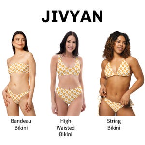 May include: The image showcases three different styles of bikinis. Each bikini features a white daisy pattern on a yellow background. The styles include a bandeau, high-waisted, and string bikini. The brand name "JIVYAN" is displayed in bold, black letters at the top.