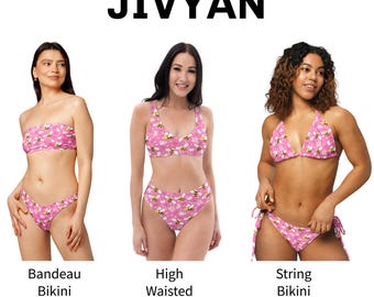 Conjunto de bikini rosa con estampado floral de abejas, bikini de tiras con estampado integral, bikini bandeau y bikini de talle alto, traje de baño de dos piezas para la playa.
