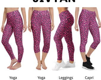 Magenta Leopard Pattern Leggings, All Over Print Yoga Leggings and Capri, Crossover Leggings With Pocket, Plus Size Leggings, Flare Leggings