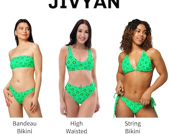 Tropical Green Floral Bikini Set - String, Bandeau, and High Waist Swimwear - Vibrant Botanical Print Two Piece Swimsuit for Beach