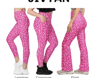 Leggings con forma de corazón y estrella rosa - Yoga, Capri, acampanados y tallas grandes - Mallas de alto rendimiento con forma de corazón y estrella rosa fucsia con bolsillos