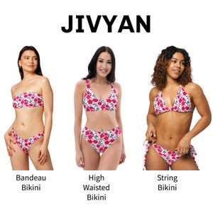 May include: Three women modeling different styles of floral print bikinis. The bikinis feature a white background with red roses and green leaves. Styles include a bandeau, high-waisted, and string bikini. The brand name "JIVYAN" is displayed in black text.