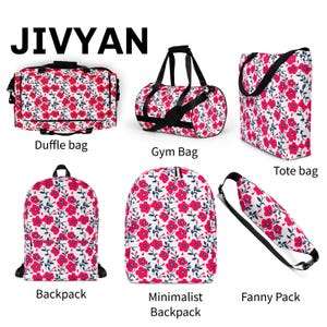 May include: Collection of bags with a floral pattern. Includes a duffle bag, gym bag, tote bag, backpack, minimalist backpack, and fanny pack. The bags feature a white background with red flowers and dark blue leaves.