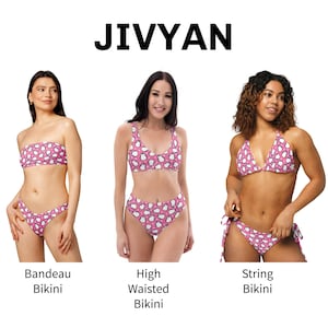 May include: Three styles of pink and white patterned swimwear: bandeau, high-waisted, and string bikini. The swimwear has a repeating pattern of white cloud-like shapes on a pink background. The brand name "JIVYAN" is displayed in large black letters at the top.
