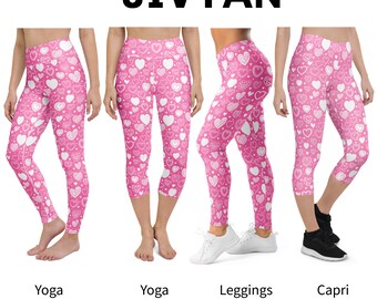 Candy Pink Heart Print Leggings, All Over Print Yoga Leggings and Capri, Crossover Leggings With Pocket, Plus Size Leggings, Flare Leggings