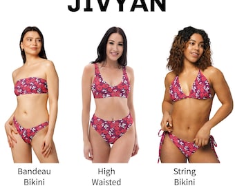 Bikini fleuri coquelicot rouge - String botanique moderne et bandeau deux pièces - Maillot de bain taille haute fleurs scandinaves - Tenues de plage festival rouge vif