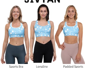 Sujetadores deportivos AOP con estampado de corazones azul cielo, sujetador deportivo largo con estampado integral, sujetador acolchado y sujetador deportivo