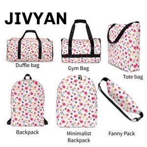 May include: Collection of floral print bags, including a duffle bag, gym bag, tote bag, backpack, minimalist backpack, and fanny pack. The bags feature a white background with red, yellow, and blue floral patterns and black accents.