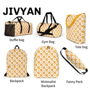 Mustard Yellow Retro Floral Pattern AOP Bags, Duffle Bag, Gym Bag, Backpack, Drawstring bag, Tote Bag, Fanny pack and Utility Bag