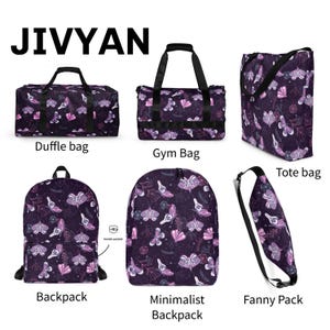 May include: An assortment of bags, including a duffle bag, gym bag, tote bag, backpack, minimalist backpack, and fanny pack. Each bag features a dark purple floral pattern with butterflies and other botanical elements. The brand name "JIVYAN" is displayed at the top.