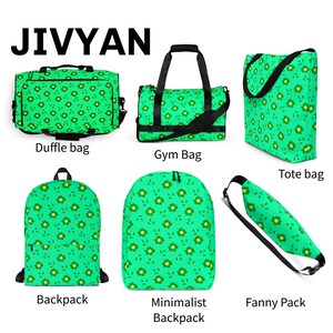 May include: Collection of green bags with a floral pattern, including a duffle bag, gym bag, tote bag, backpack, minimalist backpack, and fanny pack. The bags have black accents and straps, and the word "JIVVYAN" is at the top.