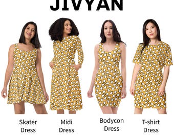Vestido midi casual estilo pingüino amarillo, falda skater amarilla - Camisetas, siluetas ajustadas, ropa linda de verano