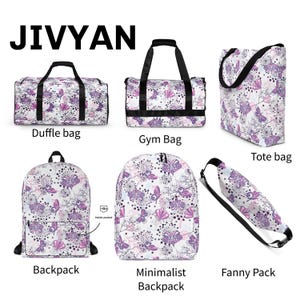 May include: Collection of bags with a white background and a purple floral pattern. The bags include a duffle bag, gym bag, tote bag, backpack, minimalist backpack, and fanny pack. The brand name "JIVYAN" is at the top.