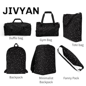 Puede incluir: Una colección de bolsos JIVYAN con un patrón de leopardo en gris oscuro y negro. El conjunto incluye una bolsa de viaje, una bolsa de gimnasio, un bolso tote, una mochila, una mochila minimalista y una riñonera con el mismo diseño animal.