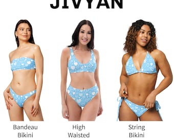 Bikiniset met hemelsblauw hartpatroon, stringbikini met all-over print, bandeaubikini en hoog getailleerde bikini, badmode Two Peace Badmode