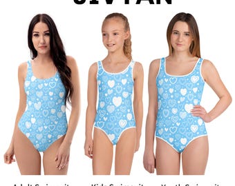 Traje de baño de una pieza azul cielo con estampado de corazones para mujer, para adultos, jóvenes y niños.