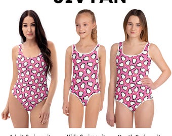 Costume intero rosa a forma di pinguino, adorabile - Taglie per donna, ragazza e bambina - Costumi da bagno rosa coordinati per tutta la famiglia con simpatici animali kawaii per l'estate
