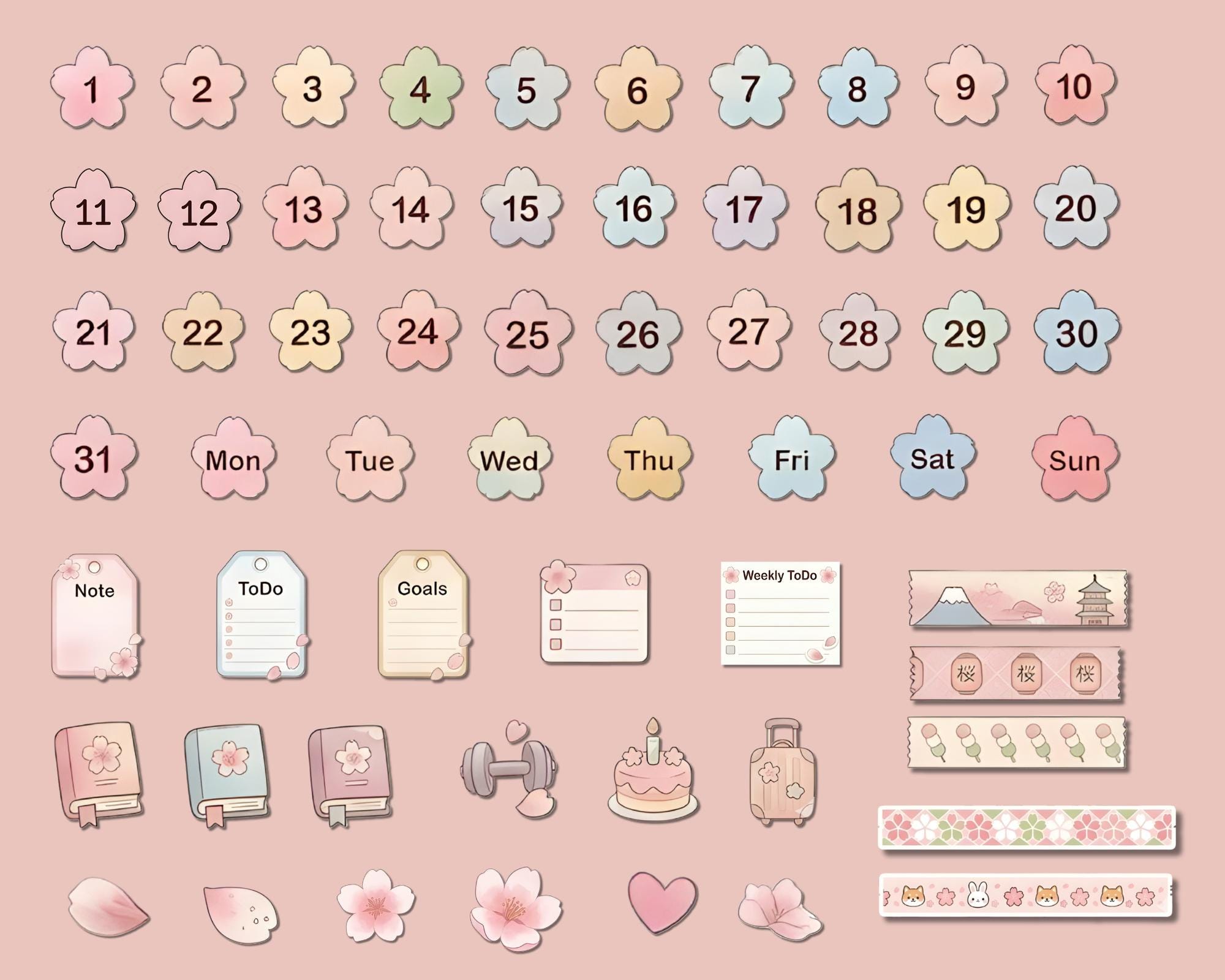 Kawaii Sakura Digital Stickers for Goodnotes, Cherry Blossom Planner ...