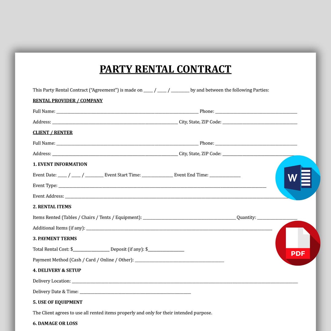 Professional Party Rental Contract Template, Event Equipment Rental ...