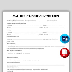 Peut inclure: Formulaire de prise en charge client maquillage blanc avec texte noir. Il comprend des sections pour les informations client, les détails de l'événement et les informations de santé. Logo 'W' bleu et blanc et icône PDF rouge en bas à droite.
