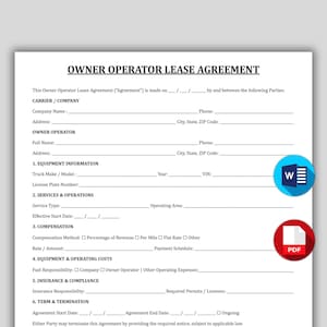 May include: A printed Owner Operator Lease Agreement document featuring sections for Carrier and Owner Operator details, equipment information, services, compensation, operating costs, insurance, and termination terms, with Word and PDF icons.