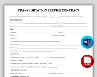 Mall för transportavtal, redigerbart evenemangstransportavtal, utskrivbara transportföretagsformulär, transportör-PDF