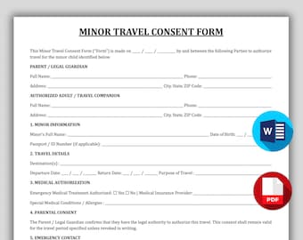 Minor Travel Consent Form Template, Printable Child Travel Authorization Document, Parental Consent for Minor Travel, Minor Permission Form