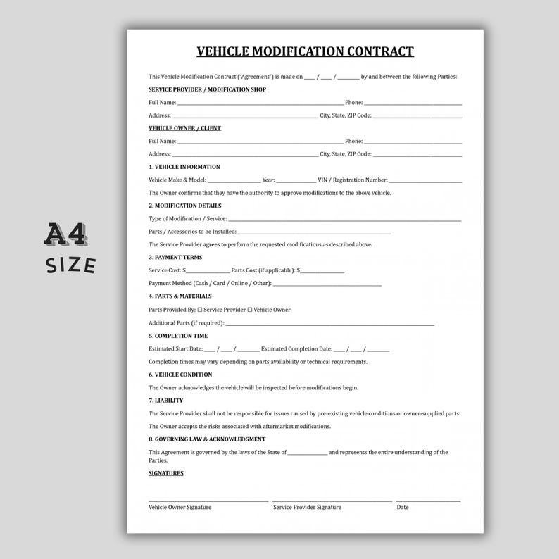 Vehicle Modification Contract Template, Custom Auto Shop Service ...