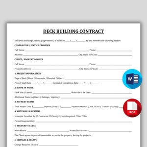 Könnte beinhalten: Eine Deckbau-Vertragsvorlage mit ausfüllbaren Feldern für Projektdetails, Zahlungsbedingungen und Kundeninformationen. Enthält ein Microsoft Word-Symbol und ein PDF-Symbol. Das Dokument hat einen weißen Hintergrund.