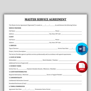 May include: A Master Service Agreement form with fillable fields for service providers and clients. The document includes sections for services, scope of work, payment terms, and confidentiality. A blue 'W' icon and a red PDF icon are visible.