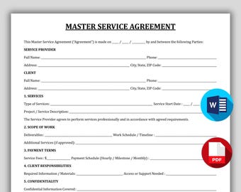 Mall för utskrivbar huvudavtal för service, professionellt MSA-serviceavtal, MSA-företagsformulär, frilansavtal, Word och PDF