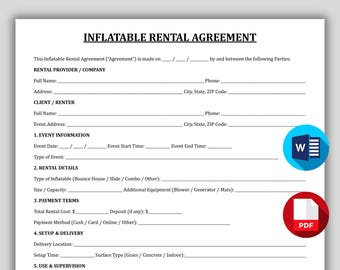 Inflatable Rental Agreement Template, Printable Bounce House & Combo Lease Form, Water Slide Rental Contract, Party Rental Liability Waiver