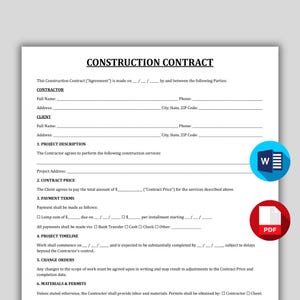 May include: A construction contract template with the title "CONSTRUCTION CONTRACT" at the top. The document includes sections for contractor and client information, project description, contract price, payment terms, project timeline, and change orders. A blue "W" icon and a red "PDF" icon are in the lower right.