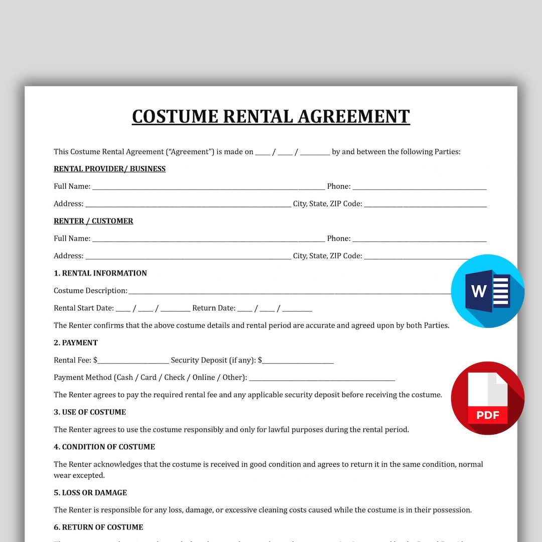 Costume Rental Agreement Template, Theater & Cosplay Rental Form ...