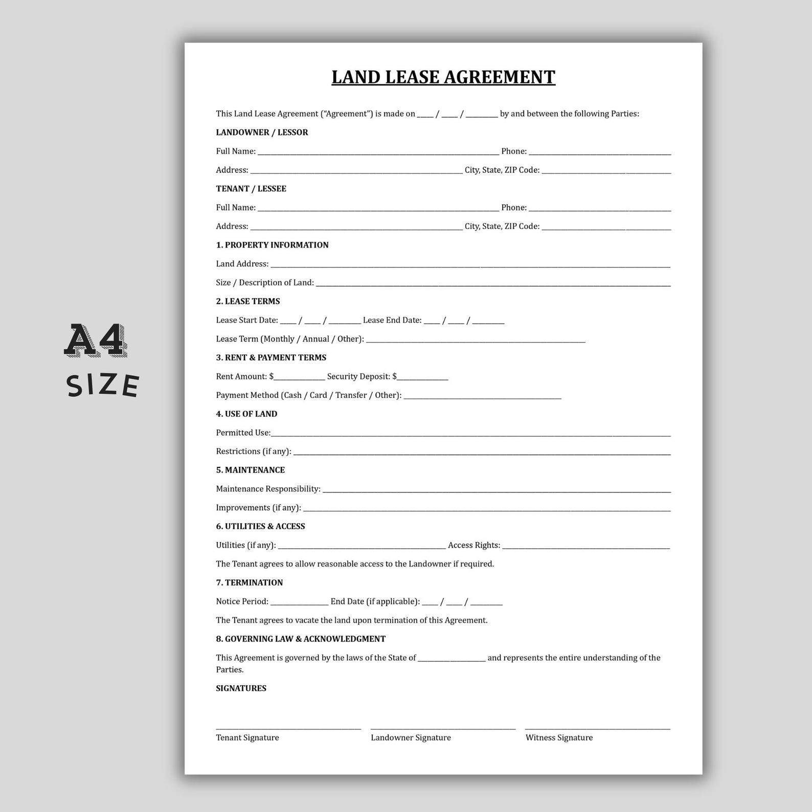 Printable Land Lease Agreement Template, Vacant Land Rental Contract ...