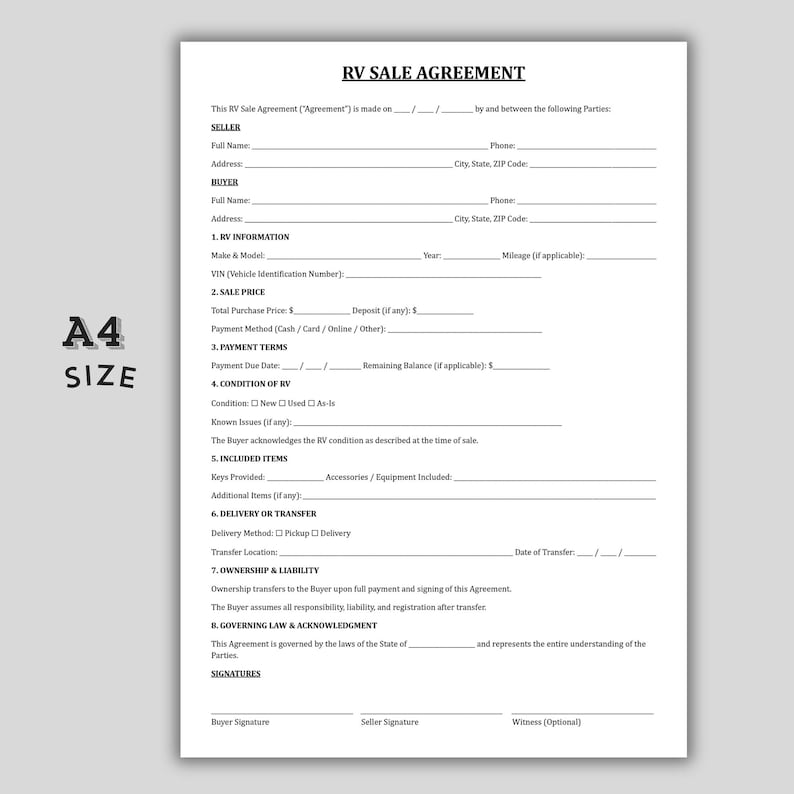 Printable Rv 4 Square Sales Template.pdf RV Sale Agreement Template, Professional RV Sale Contract, Printable ...