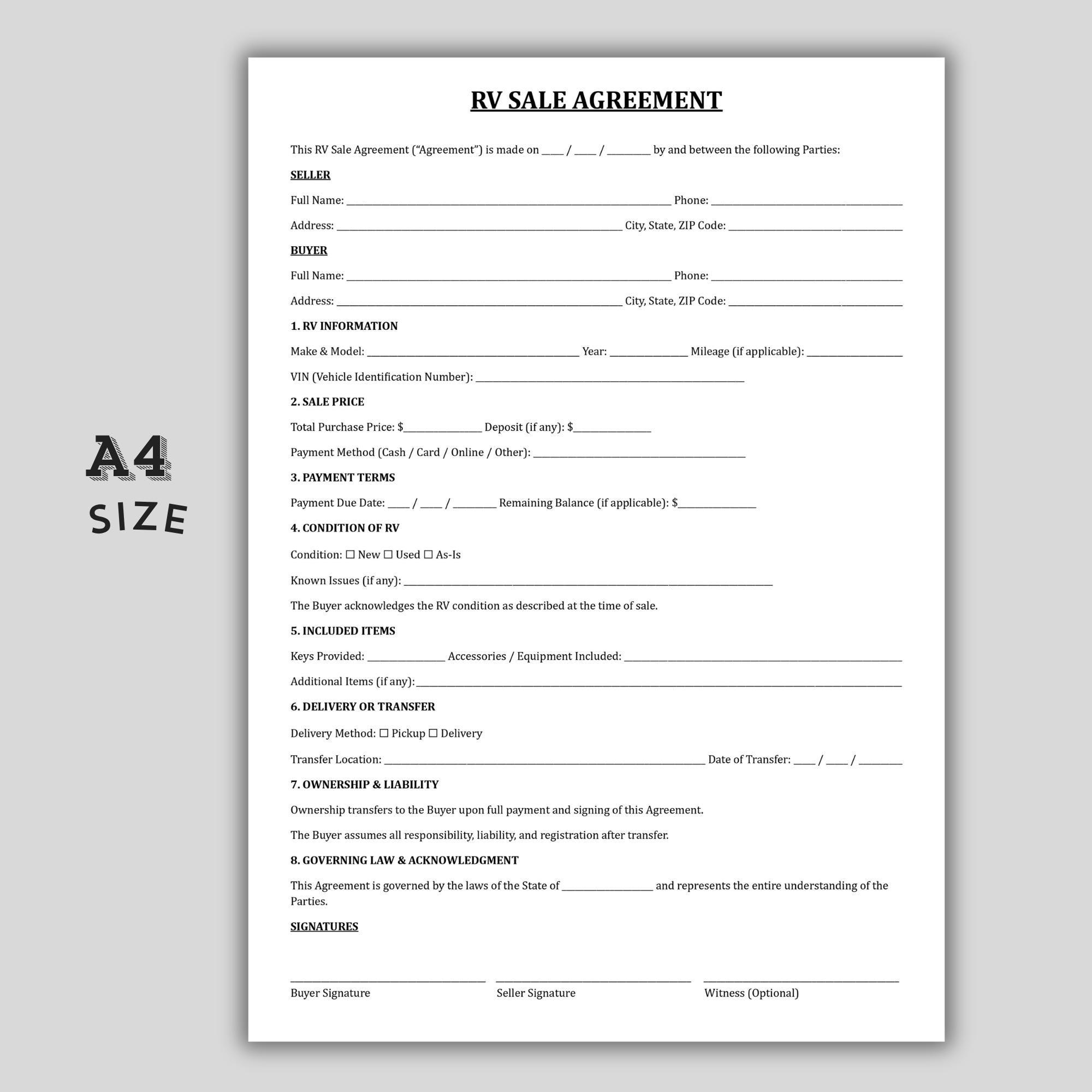 RV Sale Agreement Template, Professional RV Sale Contract, Printable ...