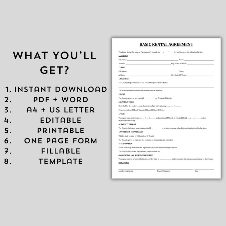 Basic Rental Agreement Template, Editable Residential Lease Form ...
